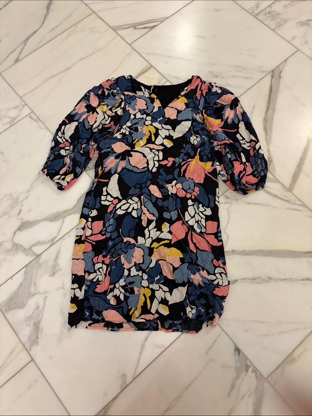 Girls Navy Floral Puff-Sleeve Casual Dress
